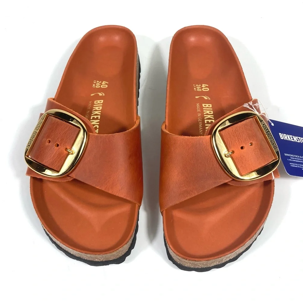Birkenstock Madrid Big Buckle Slide Sandals Oiled Leather Burnt Orange NEW - Picture 15 of 17